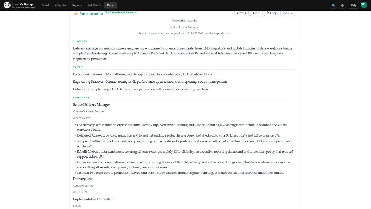 A résumé generated by Panda's Recap from tracked work: name, job title and contact line, a summary paragraph, skills grouped by platform, engineering practice and delivery, then an experience section where each bullet names the client and the result.